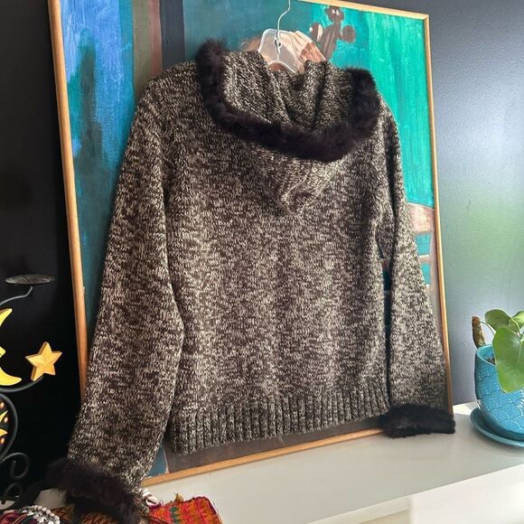 Point Zero Y2K Brown Hooded Cardigan W Faux Fur Trim L - Picture 9 of 16